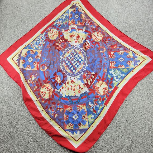 VINTAGE Womens CATHAYA 100% Silk Scarf Wrap 34"X34" Red Blue Multi Print Square - Picture 16 of 16